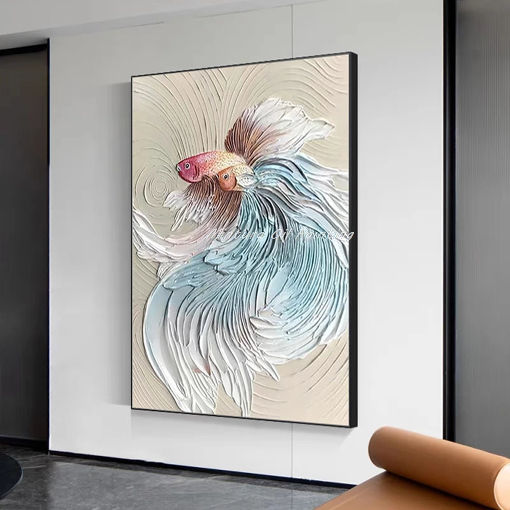 Mintura 대형 핸드 페인팅 3D 나이프 피쉬 오일 페인팅, 현대 추상 동물 벽 아트 그림, 거실 홈 데코
