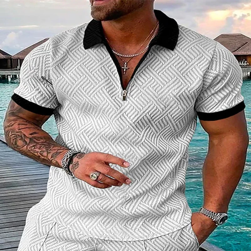 

Stripe 3D Print Polo Zipper Short Sleeve Shirt for Men