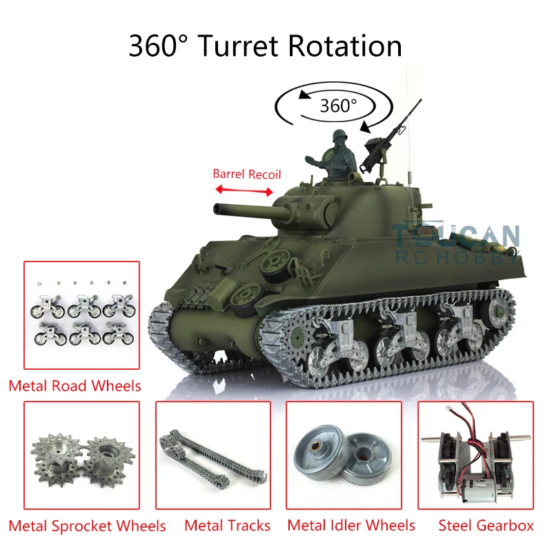 1/16 HENG LONG 7.0 Customized M4A3 Sherman RC Tank 3898 Barrel Recoil 360° Metal Airsoft Toys TH17682-SMT5 2