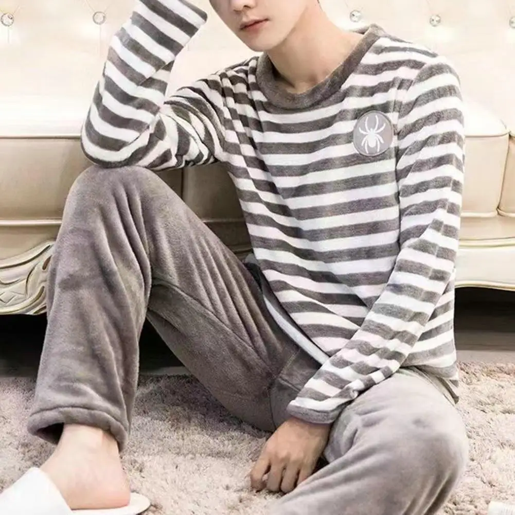 Round Neck Pajama Set Men Winter Pajama Set Striped Thick Coral Fleece Elastic Waist Homewear Fall pajamas set man pajamas set