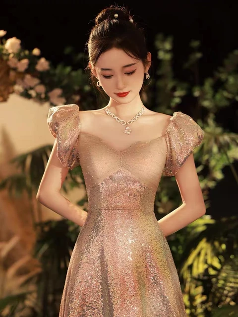 French Pink Evening Dress Women Elegant Square Collar Sequin Beading Prom  Party Gowns Puff Sleeve Zipper Floor-Length Dresses - AliExpress