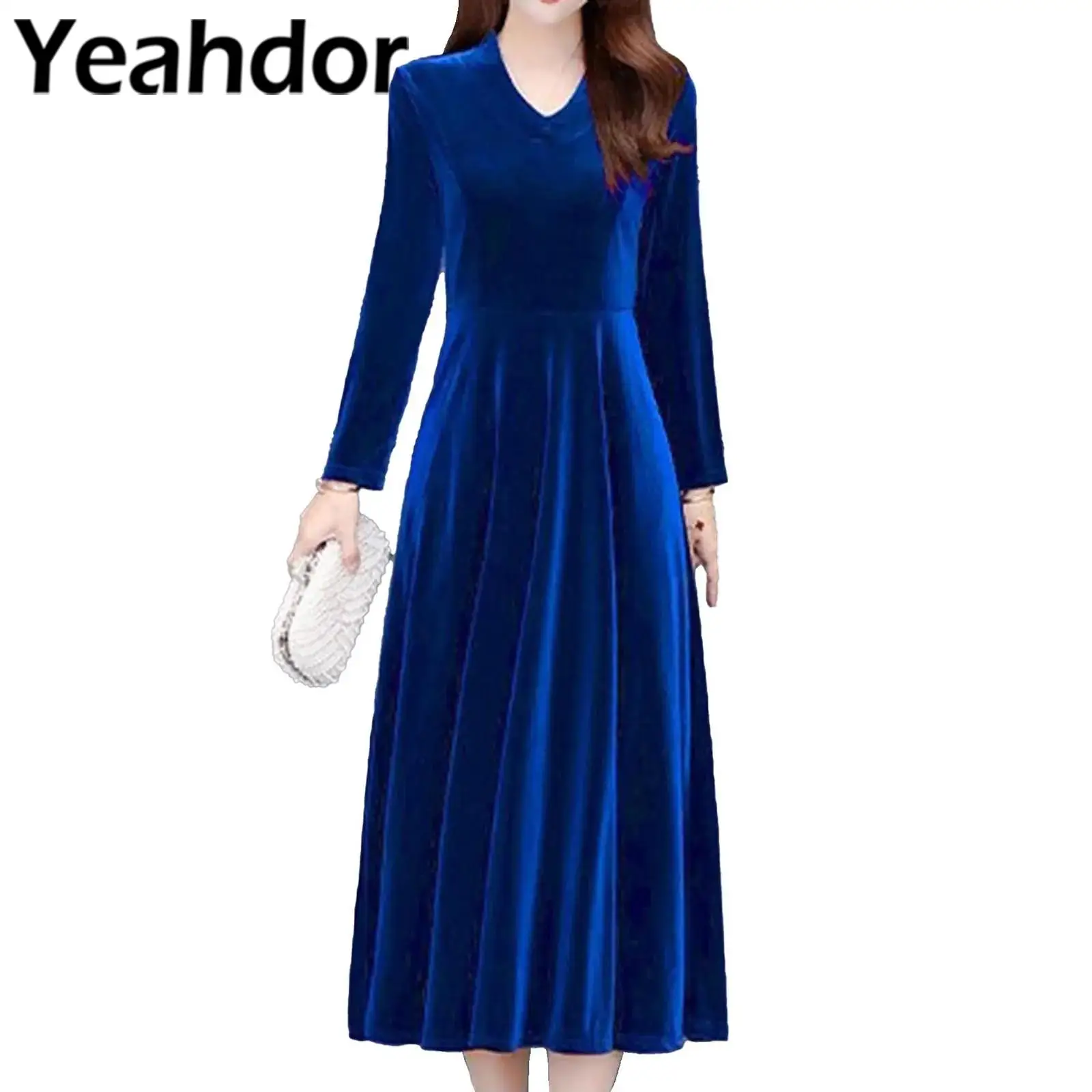 

Women's 1920s Swing Dress Elegant Velvet Dresses V Neck Long Sleeve High Waist Vestidos for Prom Evening Cocktail Party Gown