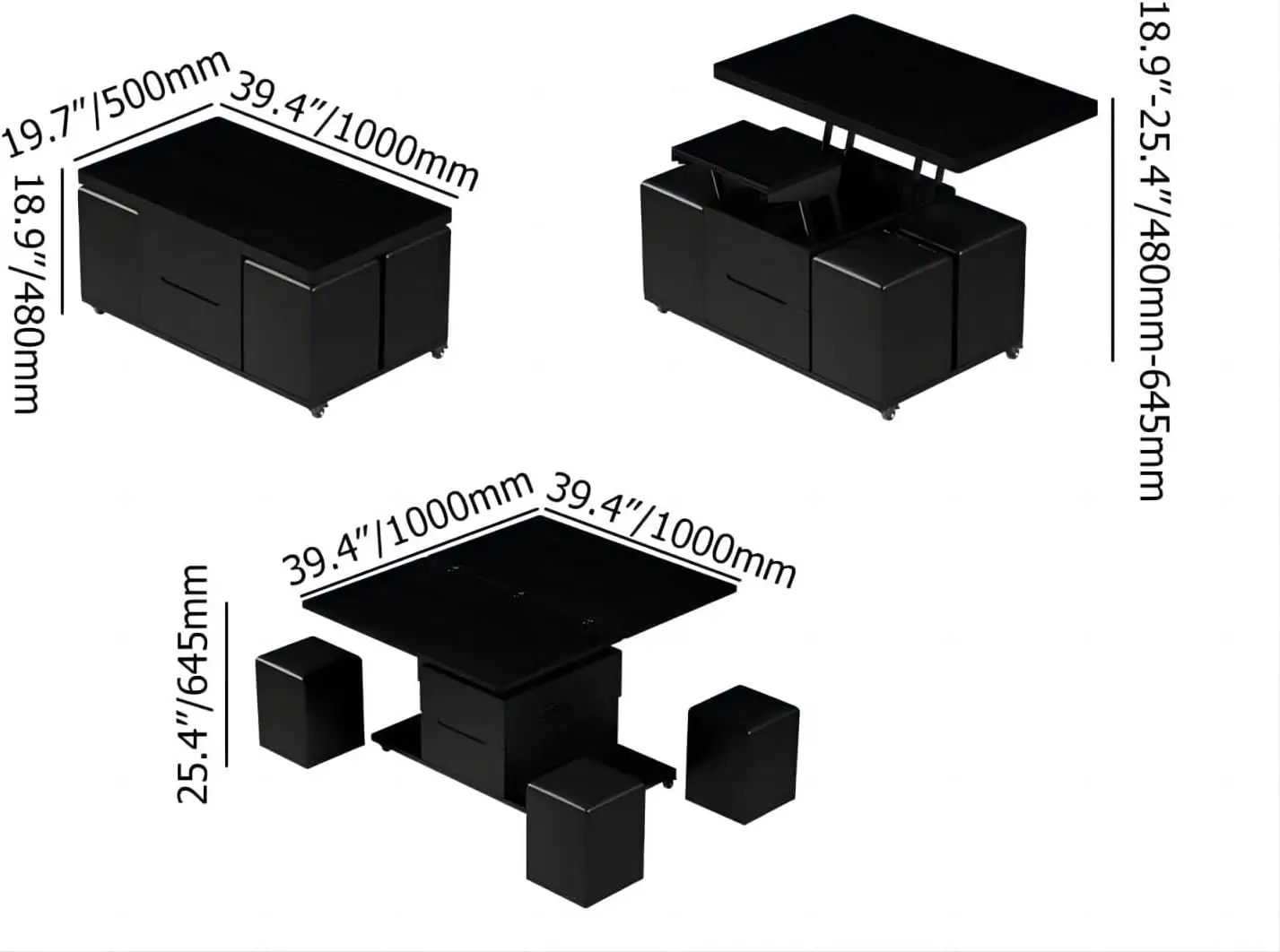 Coffee Table with Hidden Storage, Multifunctional 3-in-1 Modern Coffee Table with 4 Stools and Lockable Wheels (Black)