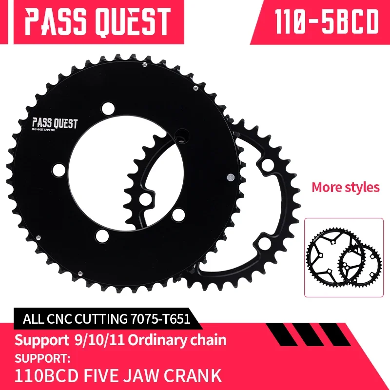 

PASS QUEST 110BCD 5-Bolt Double Chainring AERO Chainring 2x Road Bike Gravel Bike for 9/10/11 Speed BCD110-5 Power Meter Crank