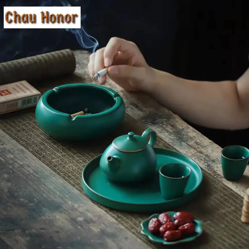 Japanese Turquoise Coarse Ashtray Retro Anti-odor and Anti-smoke Ashtray Cigarette Ash Tray Weed Smoking Tableware Decoration