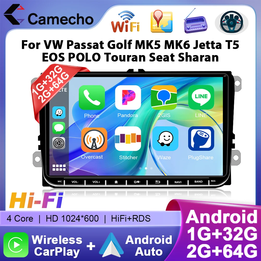 Camecho 9 pulgadas Radio de coche Android Auto Carplay para VW Volkswagen Golf 5 6 Touran Passat B6 Polo Jetta GPS WiFi reproductor Multimedia 1