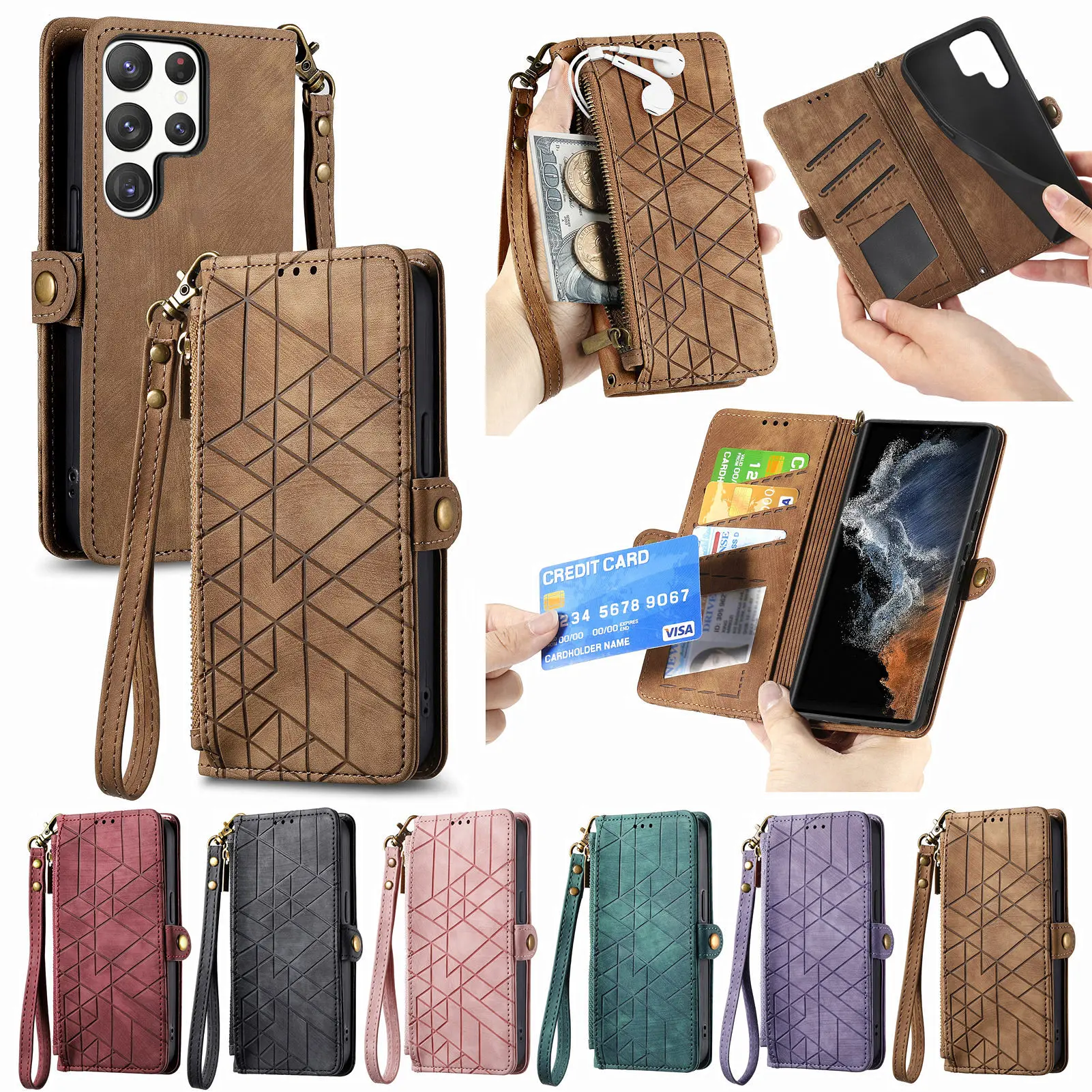 Zip Flip Leather Wallet Purse Phone Case Cover For Samsung S23 Ultra S22  S21 A54