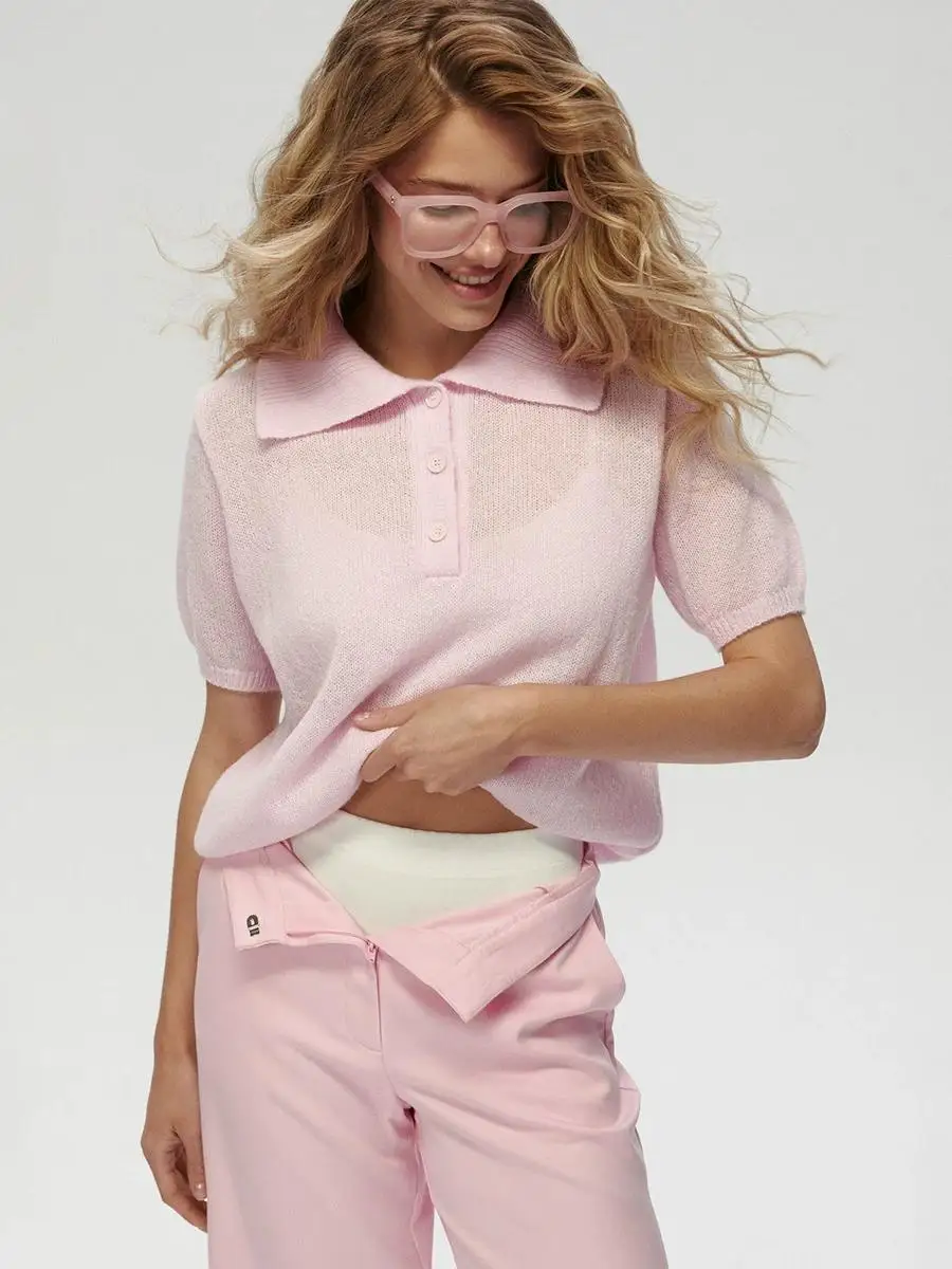 Wolfeel Summer Polo Collar Hollow Knit Bubble Sleeve Women's T-Shirt
