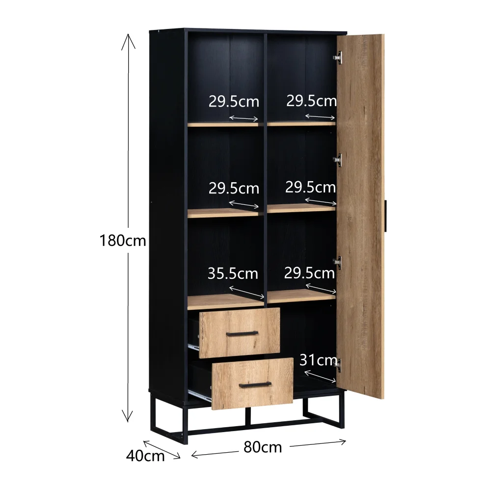 Moderner Highboard-Kleiderschrank 80 x 40 x 180 cm mit 2 Schubladen und 3 offenen Fächern. Vielseitiger Stauraum für Wohnzimmer, Büro – Detail 21