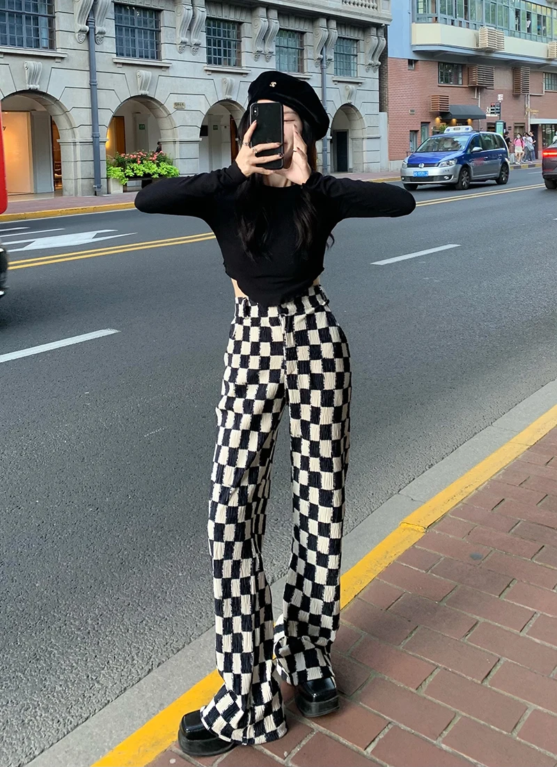 joggers Women's Checkerboard Wide Leg Pants Straight Casual Mopping Flare Pant Streetwear Pantalones De Mujer Bell Bottom Gothic wide leg pants