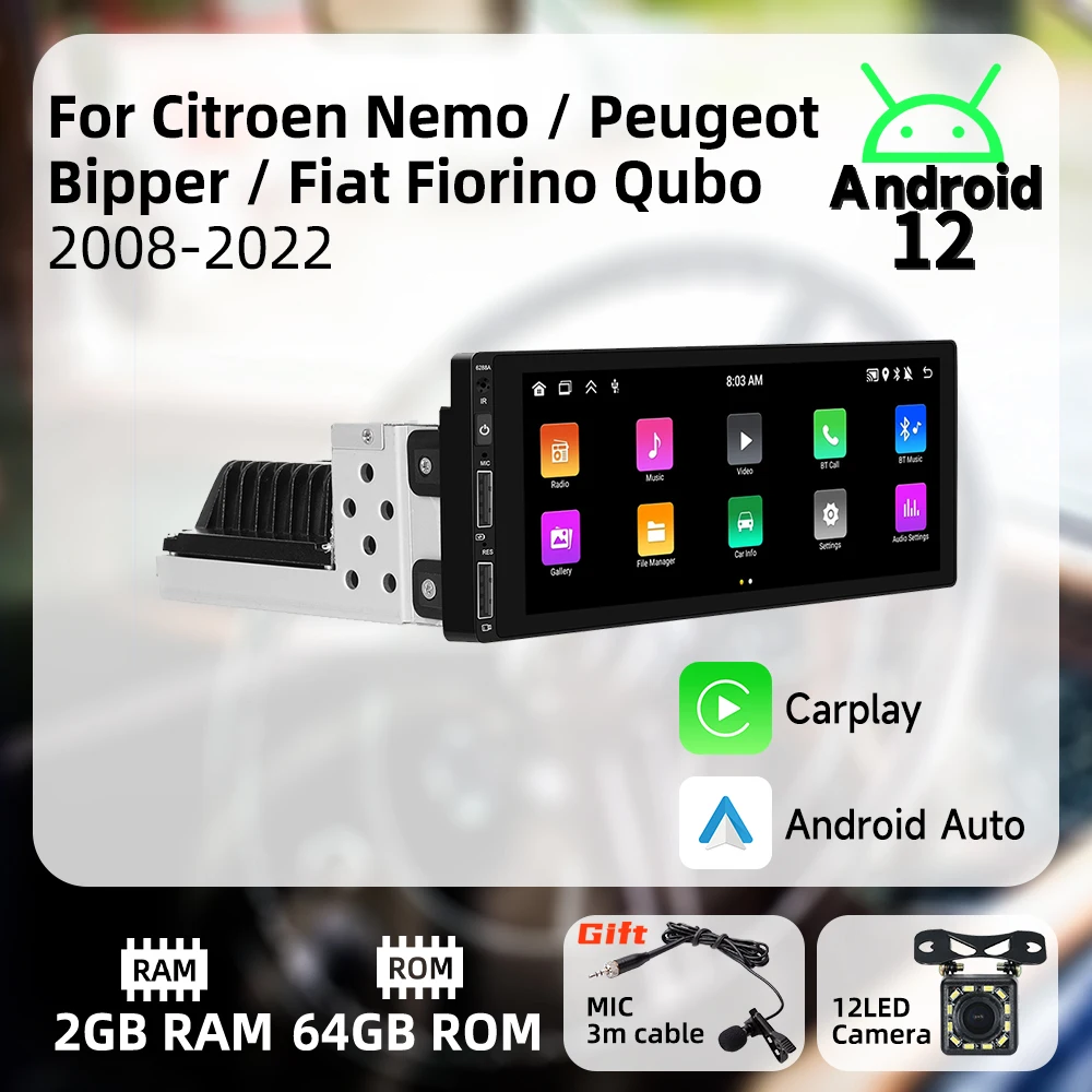 

Автомобильный мультимедийный плеер для Citroen Nemo Peugeot Bipper Fiat Fiorino Qubo 2008-2022, экран 6,9 дюйма, 1 Din, радио, Android
