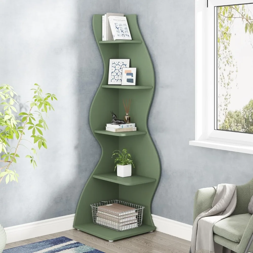 Modern 5-Tier Wall Corner Bookshelf, Stylish  Small Bookcase Storage Rack Plant Stand with Unique Shape for Living Room 2