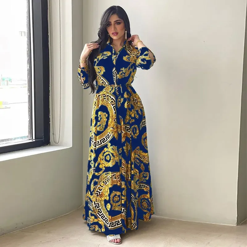 Ethnic Print Maxi Dresses for Women Single-breasted Lapel Shirt Dress Dubai Turkey Arabic Oman Middle East Clothing 2023 New