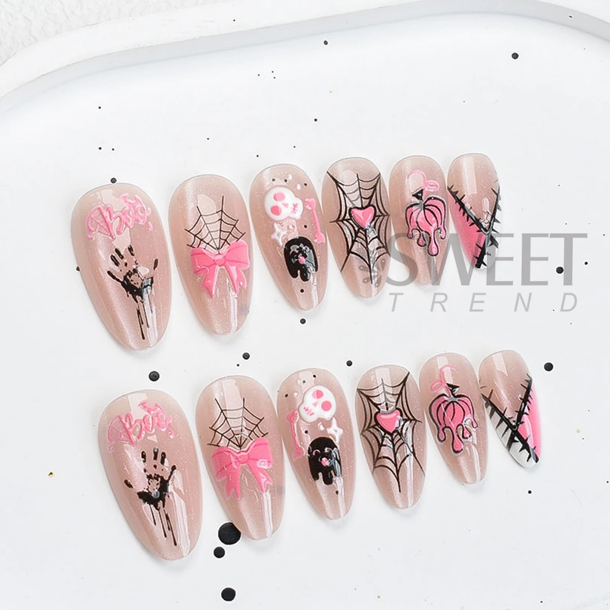 24pcs Cartoon Halloween Series False Nail Tips Cat Eye Shimmer Wearable Fake Nails Skull Spider Web Pumpkin Design Almond Tips