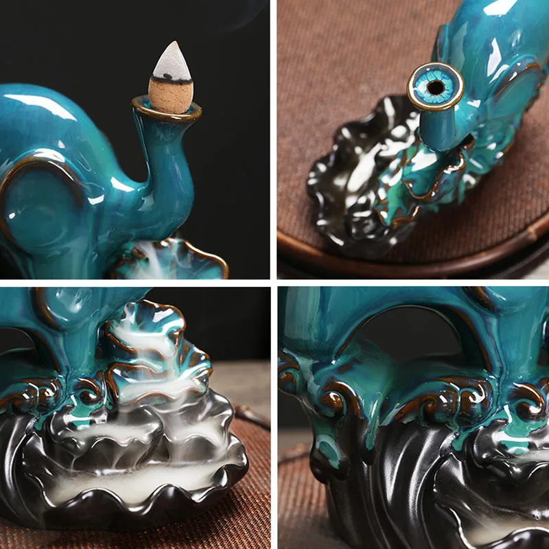 European Elephant Ceramic Backflow Incense Furnace Lotus Leaf Sandalwood Incense Holder Home Aromatherapy Base Crafts Decoration