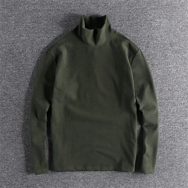 

Spring Fall Fashion Men's Turtleneck Warm Basic Tees Retro Embroidery Solid Color Long Sleeve Simple Casual Loose T-shirts Tops
