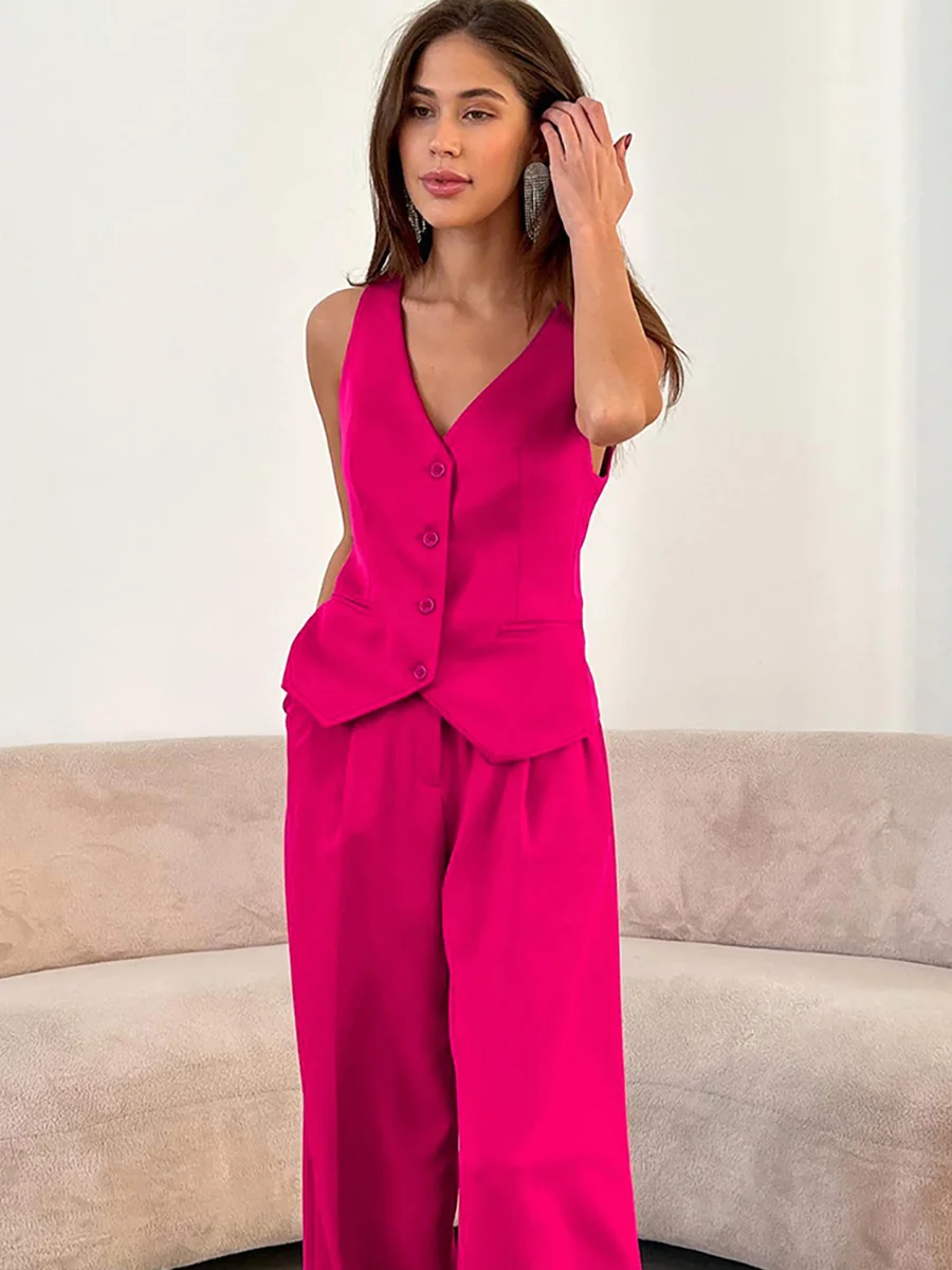 

Fashion Button Vest And Wide Leg Pant Suit Spring Summer Tank Loose Straight Trouser Two Piece Sets Commuter OL Women Outfits