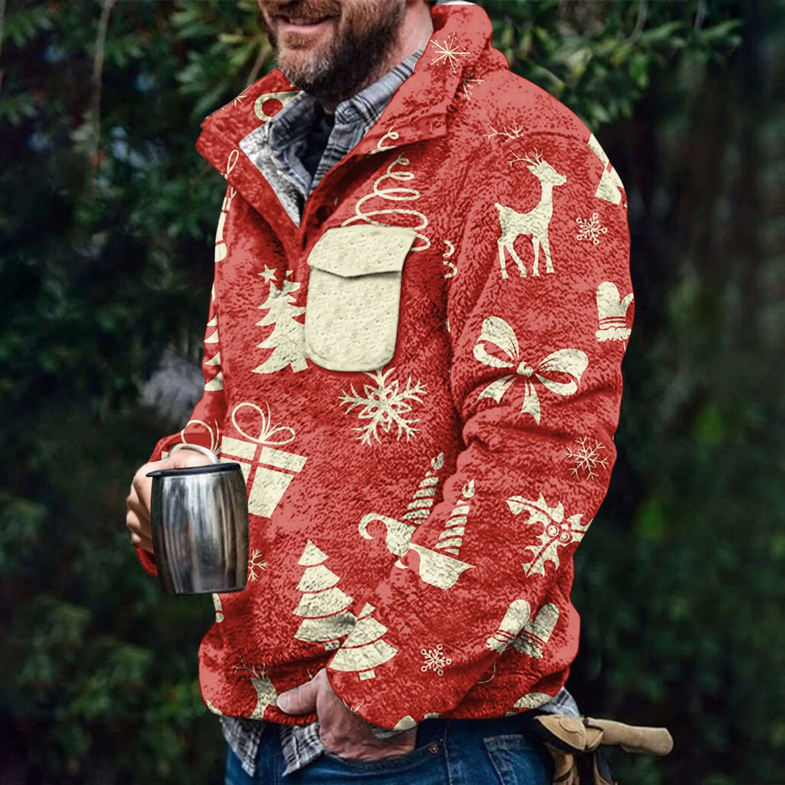 

Men Christmas Hoodie Winter Fleece Thicken Elk Printed Button Collar Pockets Sweatshirts Vintage Christmas Party Jacket Coats