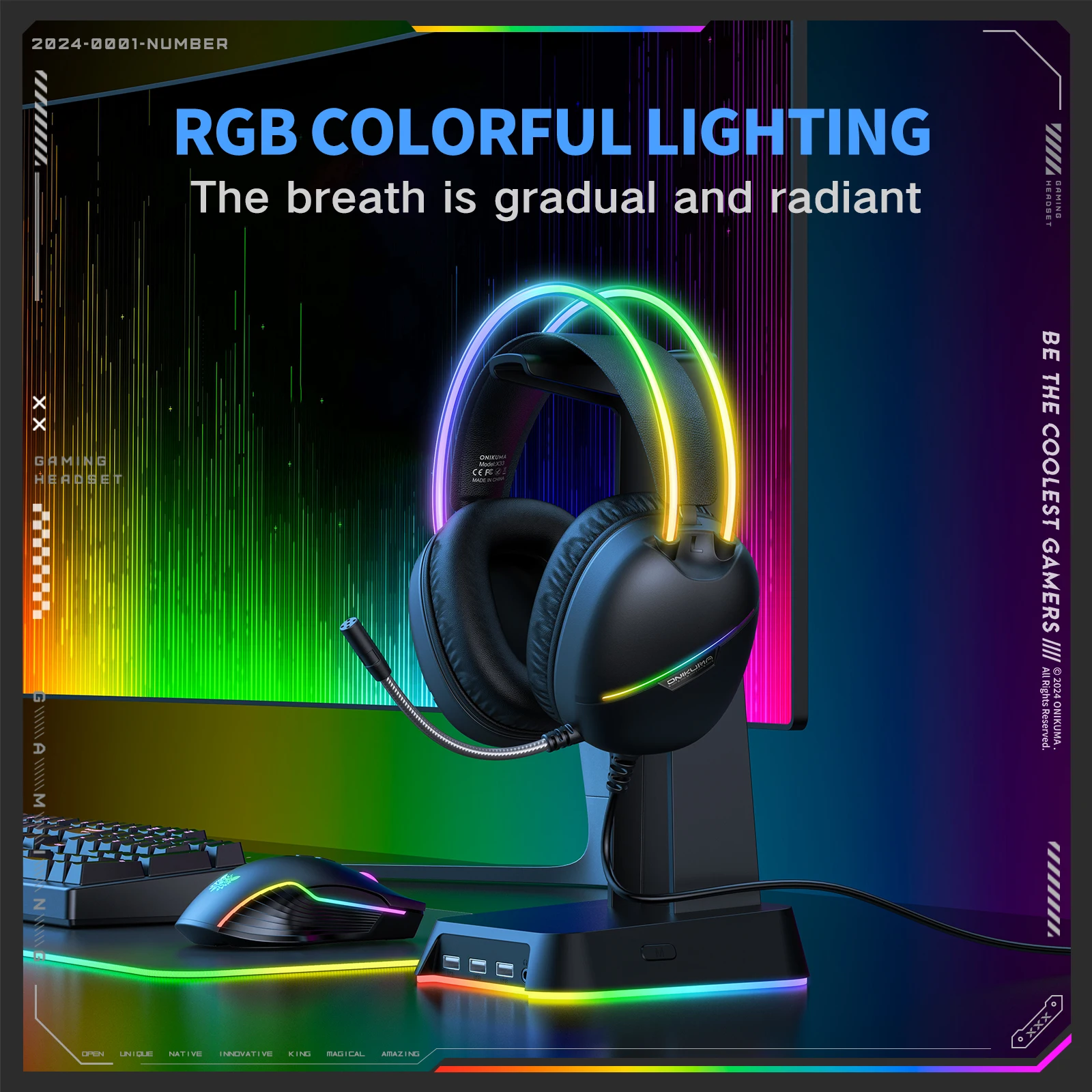 ONIKUMA X33 Gaming-Headset, kabelgebunden, kompatibel mit PC und PS4, mit RGB-Beleuchtung, HD-Mikrofon und flexiblem Ohrhörer für Computer_voghion.com