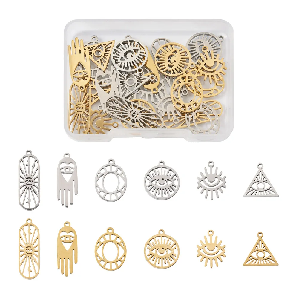 

24Pcs Stainless Steel Eyes Charms Oval Flat Round Hand Shape Hollow Pendant for DIY Necklace Bracelets Jewelry Making