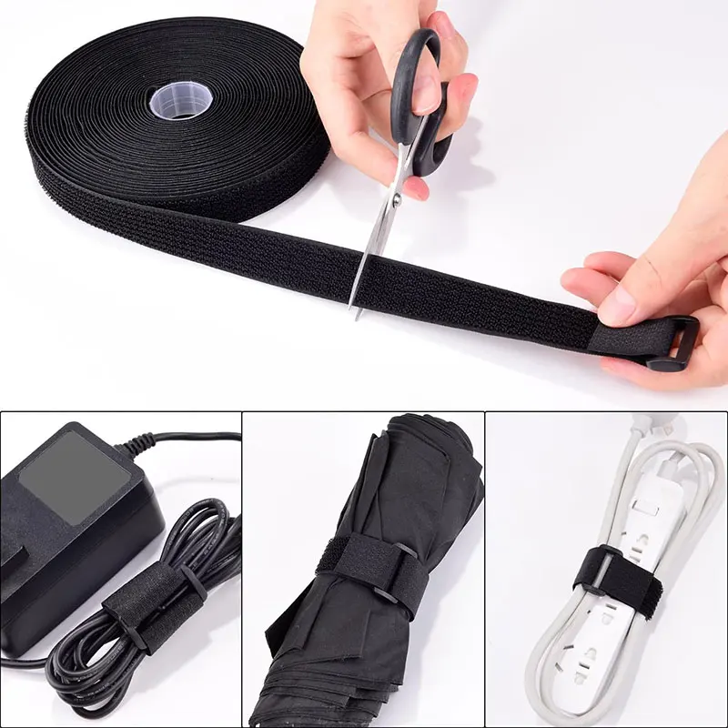Reusable Hook and Loop Fastener Cable Tape 2M Cable Straps With Buckles Cut-to-Length Nylon Self-Adhesive Secure Strap Organizer