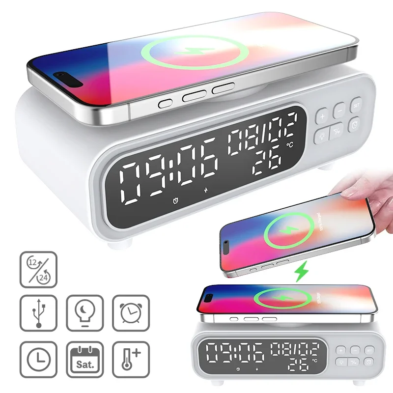 Wireless Charger Pad Time Alarm Clock LED Night Light Thermometer Phone Earphone Fast Charging Station for iPhone Samsung Xiaomi