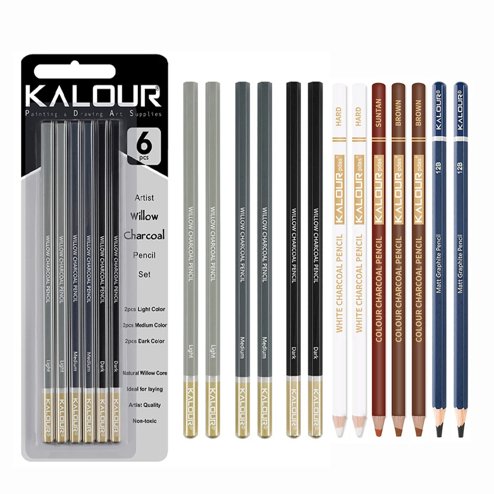 Kalour Pro Charcoal Pencil Set 6/12 Premium Artist Grade Eco-Friendly Wood Sketch Pencils Drawing Blending Shading Art Students