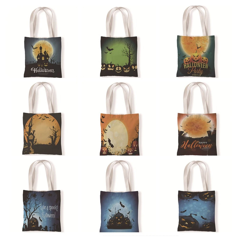 

Halloween Pumpkin Print Tote Bag Canvas Fabric Bag Casual Folding Shopping Bag Outdoor Witch Bat Bag Everyday Handbag