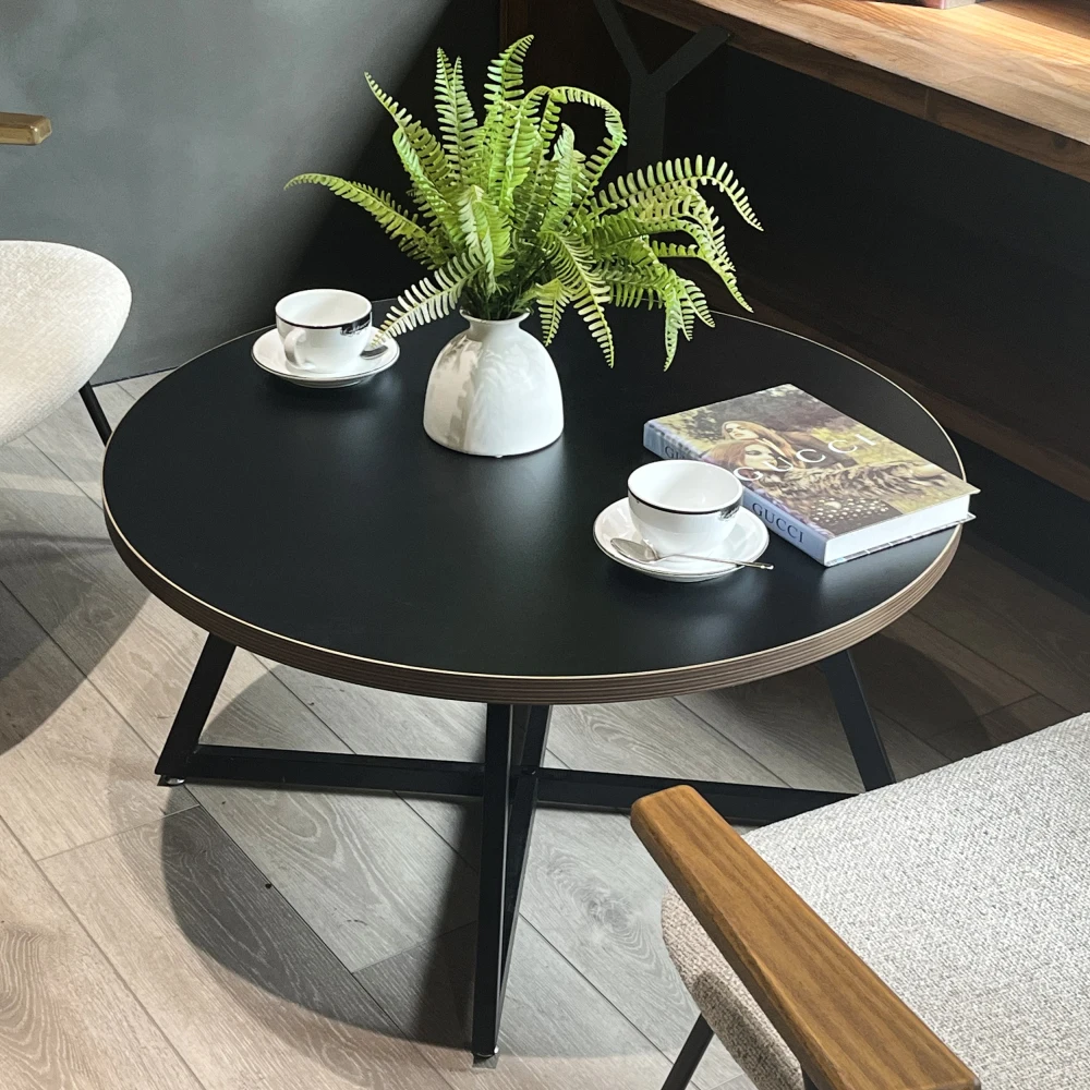 Round Coffee Table Wood Grain and Black Metal
