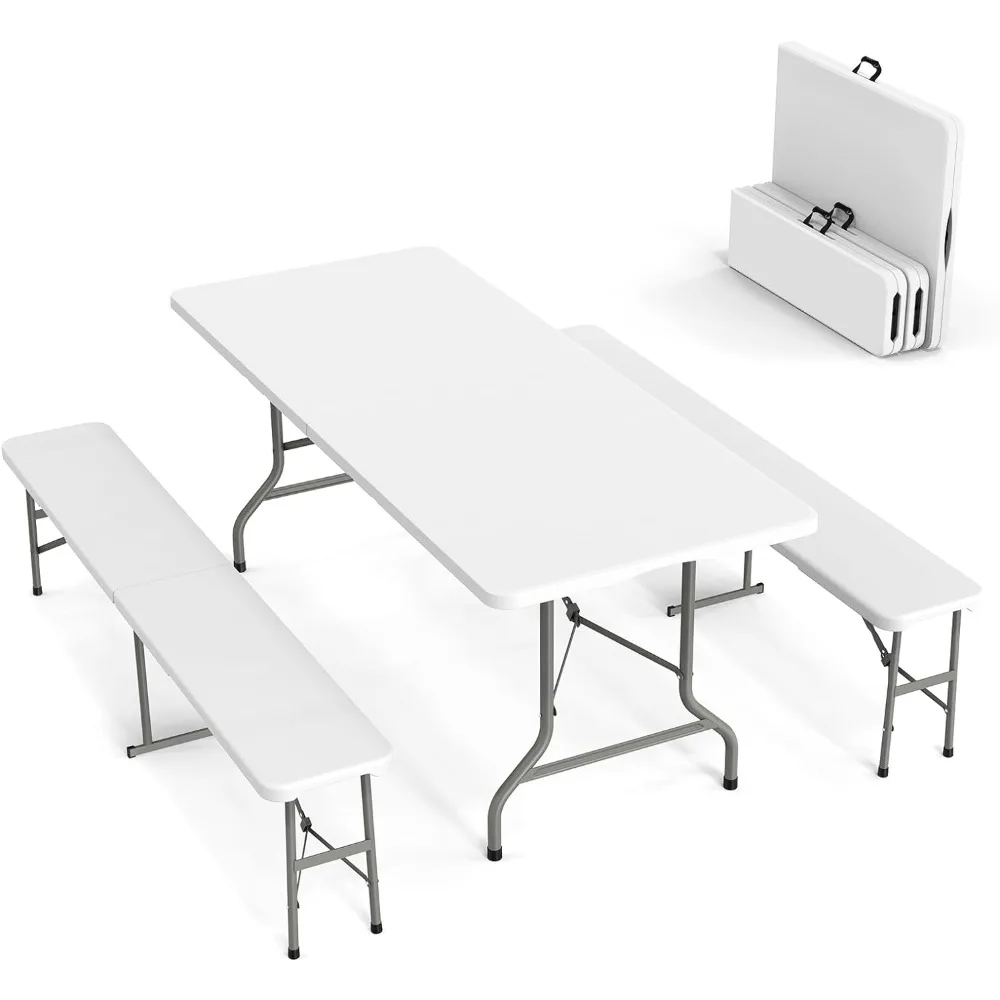 

Picnic Table with 2 Benches, 6 Feet Camping Table Chair Set,3-Piece Folding Furniture, Camping Table