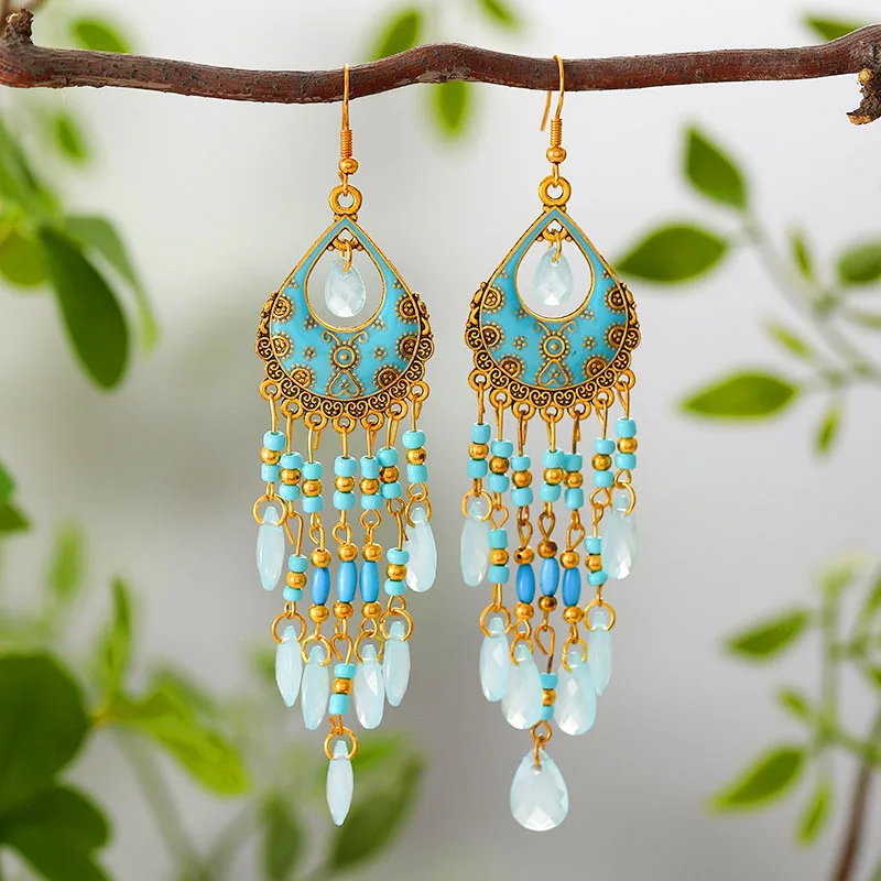 Bohemian Ethnic Style Earrings for Women Long Vintage Drop Glaze