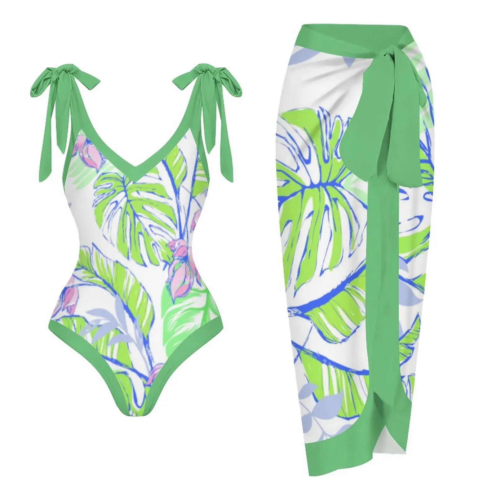 

Vintage Green Rain Forest Print 2-Piece Swimsuit Flat-Neck Sexy Push Up Swimwear Women's Fashion Sleeveless Beachwear 2023