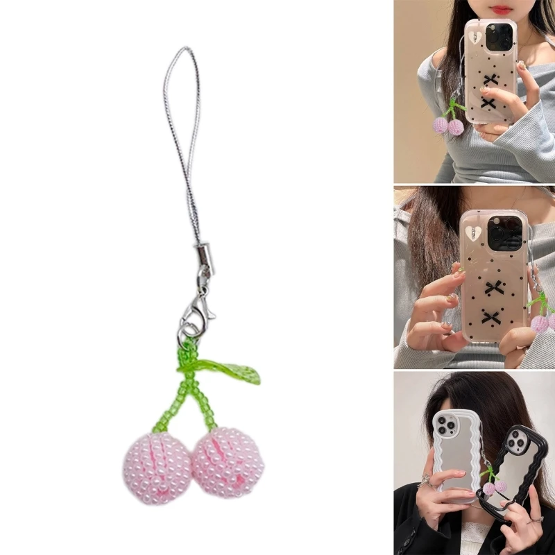 

Fashion Beaded Cherry Hangings Pendant Phone Strap Bag Decoration Portable Hangings Lanyard for Girls Women