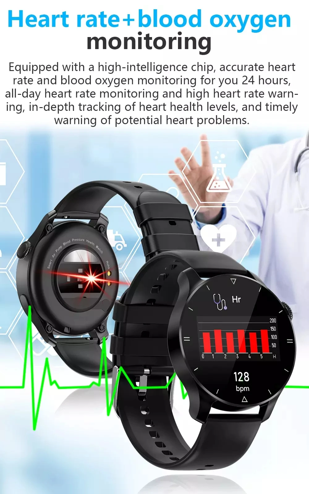 Smart Watch ES09 Accurately Air Pump Blood Pressure Measurement Big Font Body Temperature Heart Rate IP67 Waterproof Smartwatch