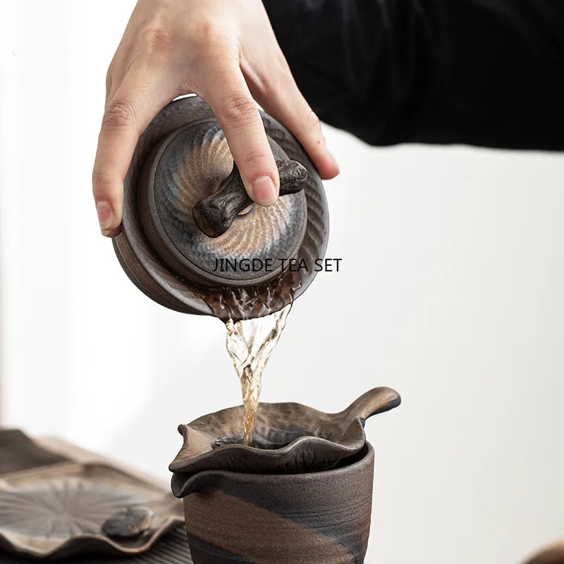 Chinese rough pottery lid bowl retro handmade ceramic travel portable household tea set accessories