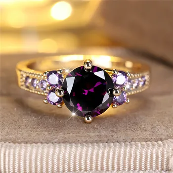 Cute Female Green Purple Round Zircon Stone Engagement Ring Yellow Gold Color Wedding Jewelry For Women