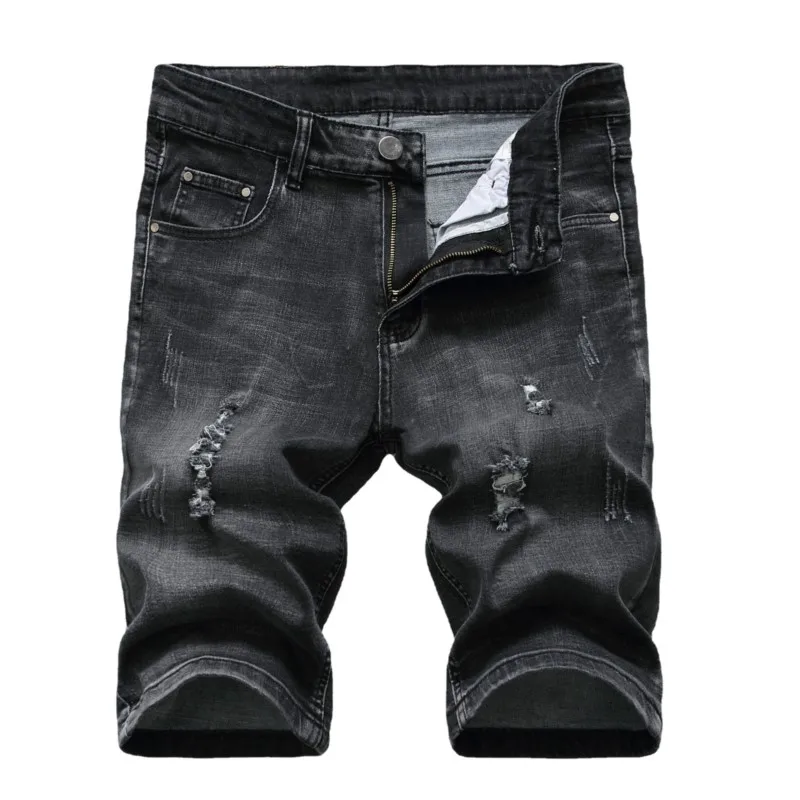 

Summer Men Ripped Denim Shorts Men's Tide Trend Fashion Knee Length Stretch Pants Boy Straight Casual Shorts Jeans Black Grey