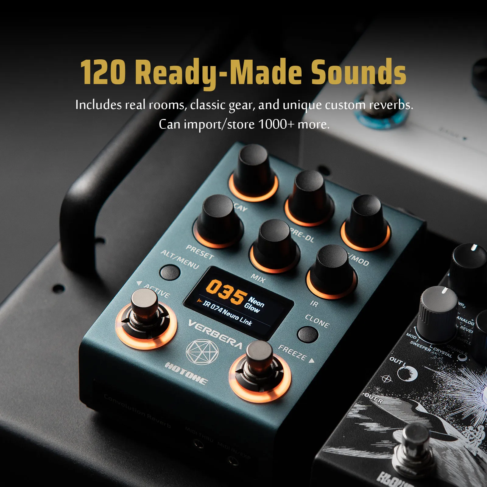 “Vista traseira do pedal HOTONE Verbera destacando conexões de áudio, MIDI, EXP e porta USB-C.”