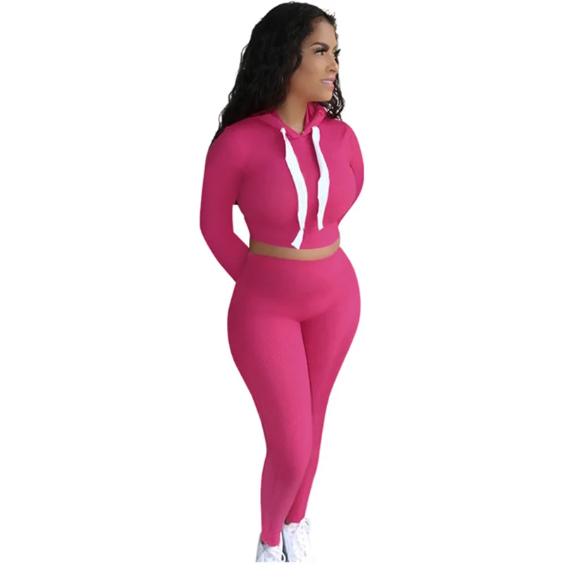 

Autumn Sporty Two Piece Set for Women Matching Sets Long Sleeve Hooded Crop Top+Pants Sets Knitted Ribbed Casual Fitness Outfits