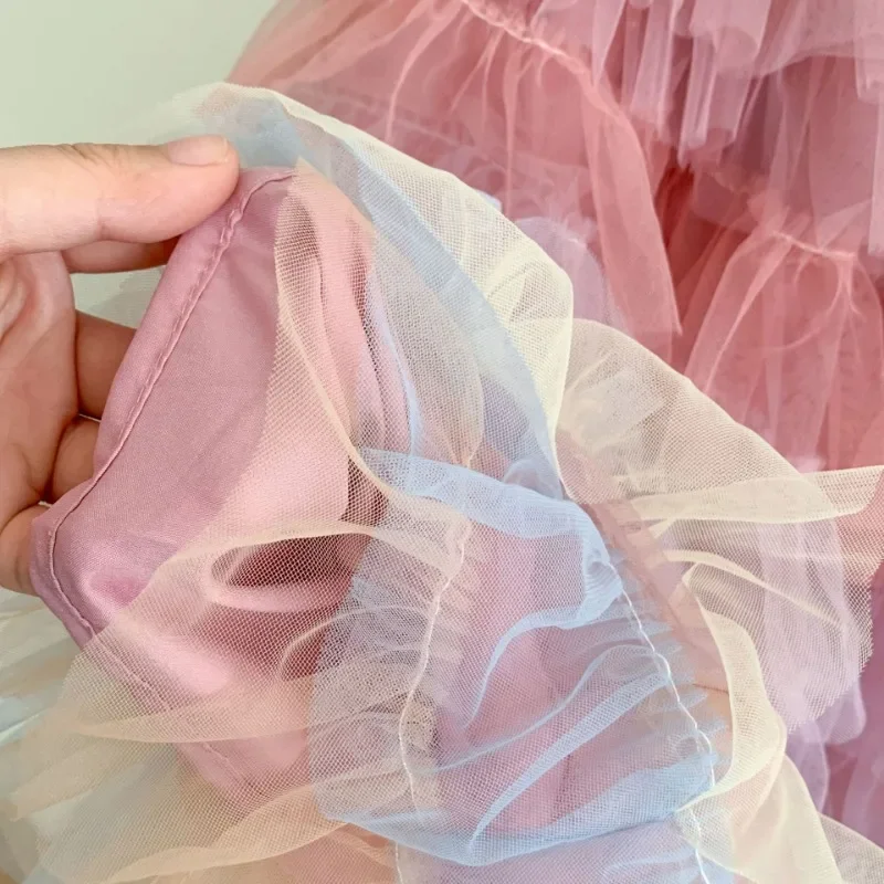 Mesh Rainbow Layered Dress Princess Ball Gown Sweet Skirt Little Girls Tutu Skirts Ballet Dance Kids Party Daily Skirt
