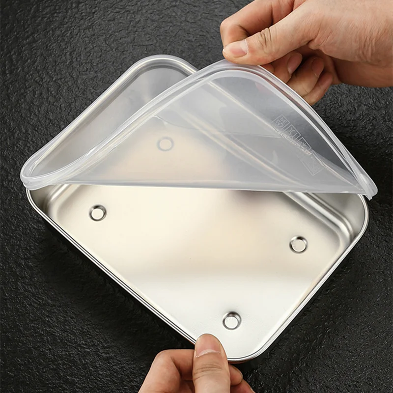 304 Stainless Steel Fresh-Keeping Food Storage Tray with Lid Refrigerator Fruits Sealing Box Meal Case Kitchen Bento Container