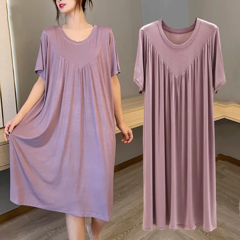 

Modal dress Women Summer Causal Loose long dress short sleeves O-Neck Pleated sleepdress Plus size streetwear