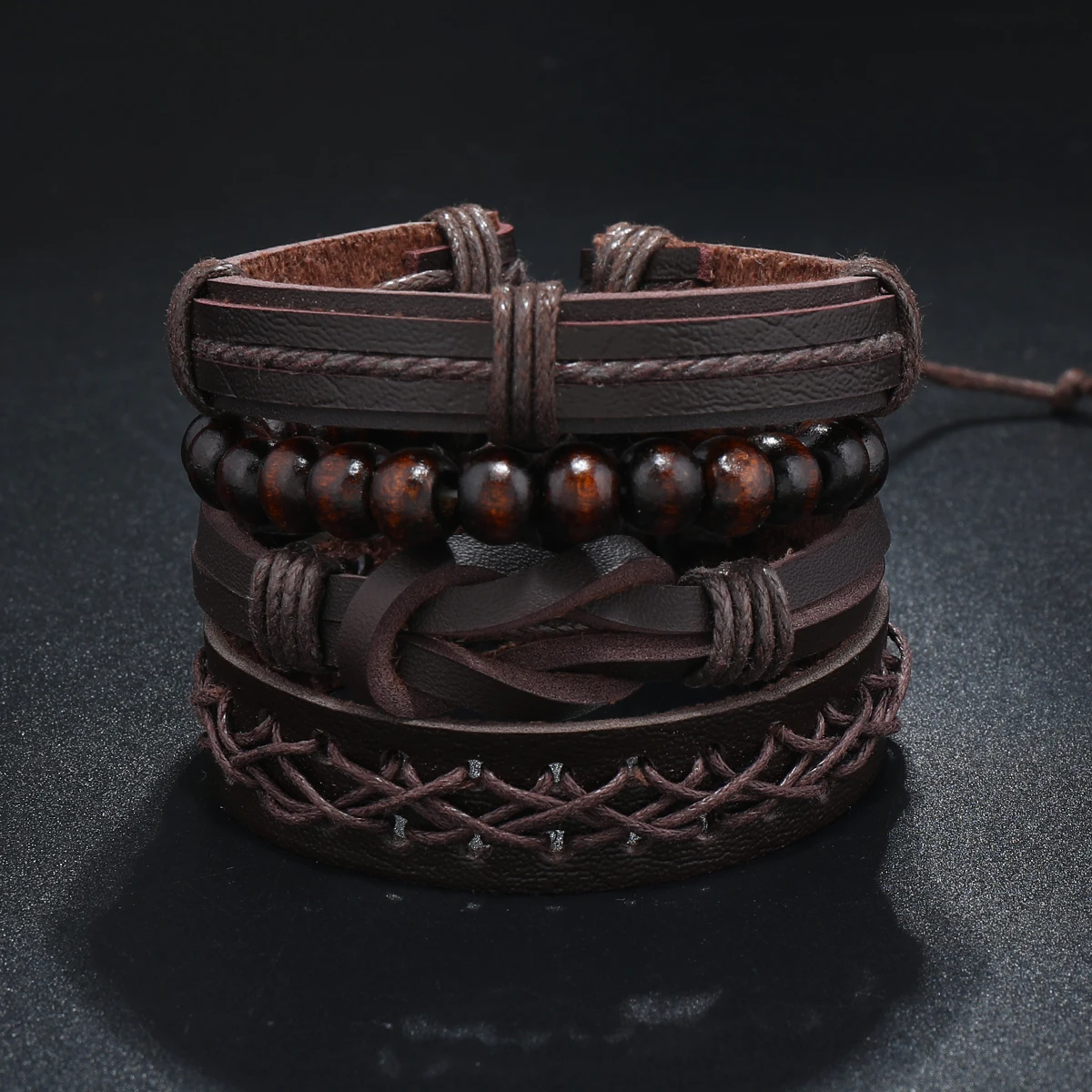 

Vintage Leather Bracelet Men Multiple Woven Bracelets with Brown Wood Beads As Decorative Drawstring Bracelet Accessories