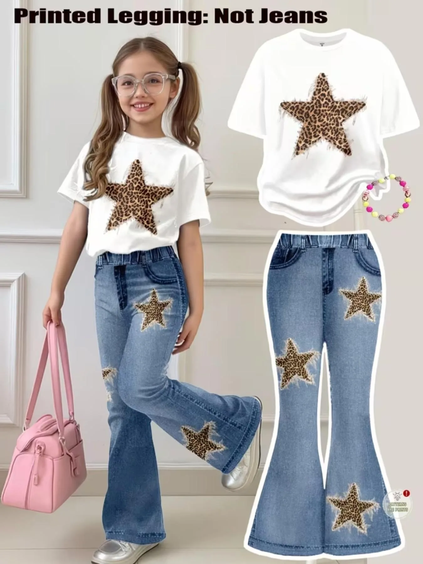 Trendiges 2-teiliges Set für Mädchen im Teenageralter mit ausgefranstem T-Shirt mit Leoparden-Stern-Print und ausgestellten Leggings im Denim-Effekt, Sommer-Casual-Streetwear für Kinder, Holida