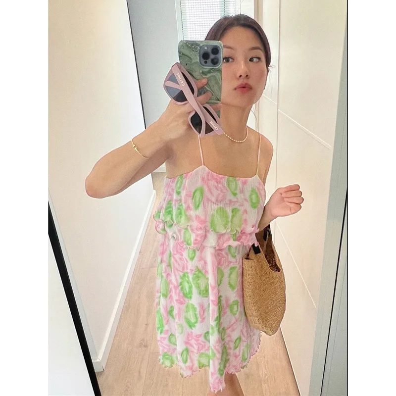 

Celebrity Same Style Holiday Style New Georgette Pink Green Flower Print Loose Medium Length Sling Dress For Women