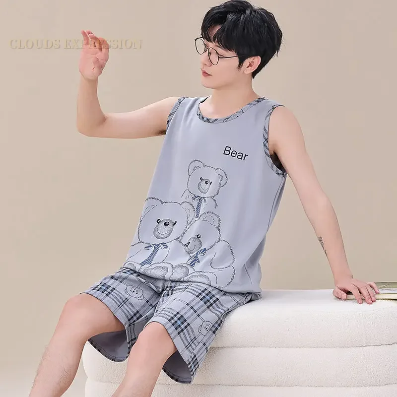 Cartoon Dinosaur Boys Pyjamas Knitted Mens Pajamas Sets Sleepwear Nightwear Loungewear Summer 4XL pajama sets