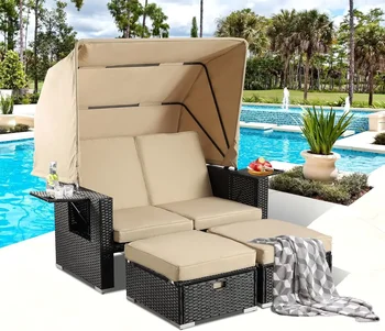Retractable Canopy Wicker Outdoor Sofa Set with Ottoman 1