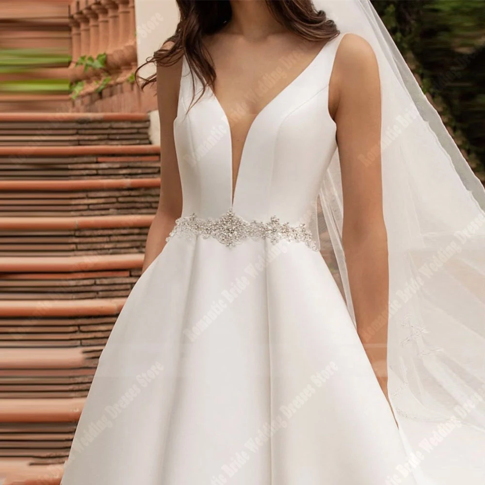Simple Satin A-Line Wedding Dresses For Women Party Elegant V-Neck Sleeveless Bridal Gowns Princess Ball Vestidos De Novias 2025 3