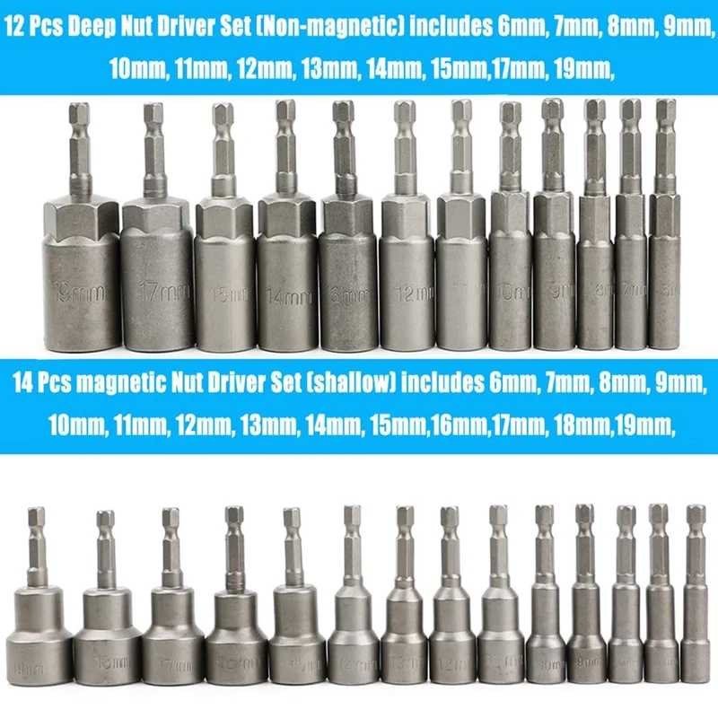 Magnetic Nut Driver Set, Impact Driver Bit Set, Metric 6Mm-19Mm Screwdriver Bits For Impact Drills, Long Bolt Hex Socket