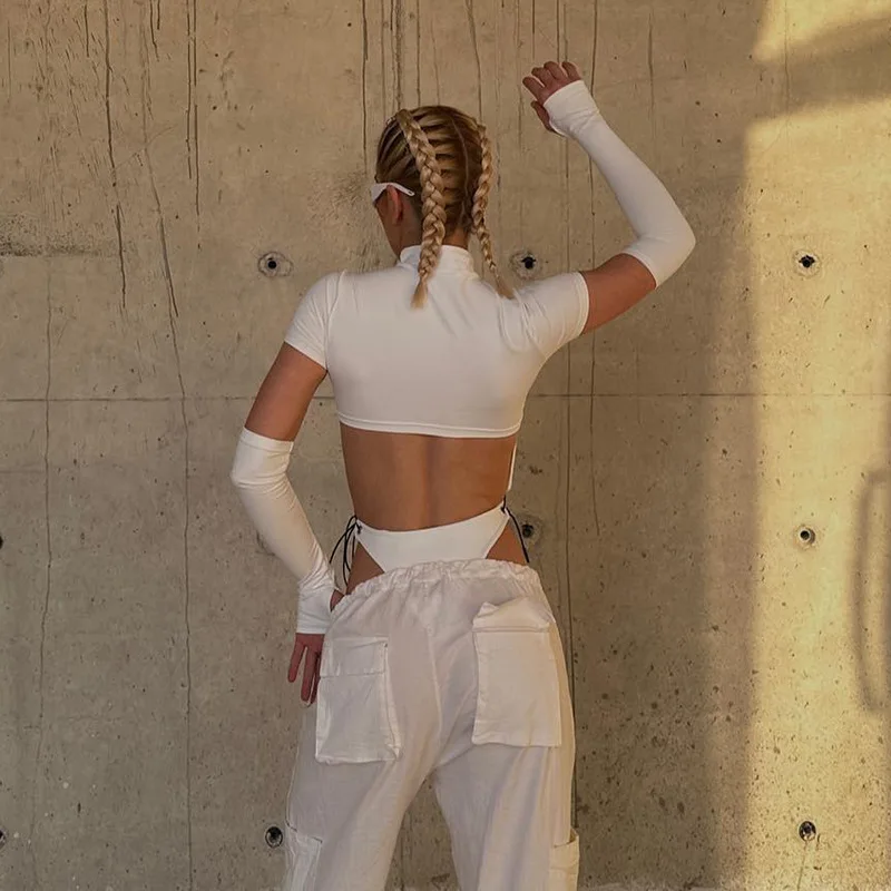Body de manga corta con cuello alto para mujer, estilo Y2K, de una pieza con aberturas, con cordones, lencería sexy.